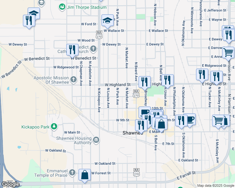 map of restaurants, bars, coffee shops, grocery stores, and more near 325 North Park Avenue in Shawnee