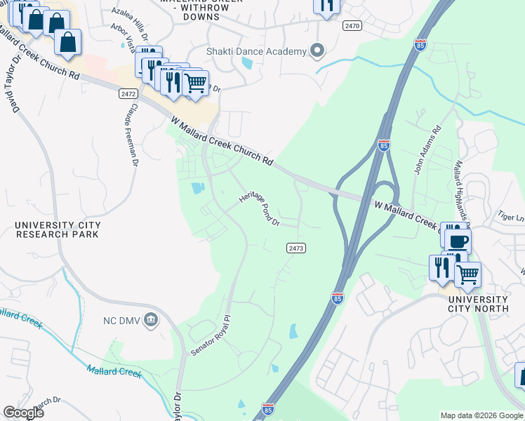 map of restaurants, bars, coffee shops, grocery stores, and more near 1705 Heritage Pond Drive in Charlotte