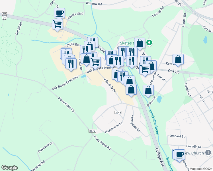 map of restaurants, bars, coffee shops, grocery stores, and more near 184 Allendale Drive in Forest City