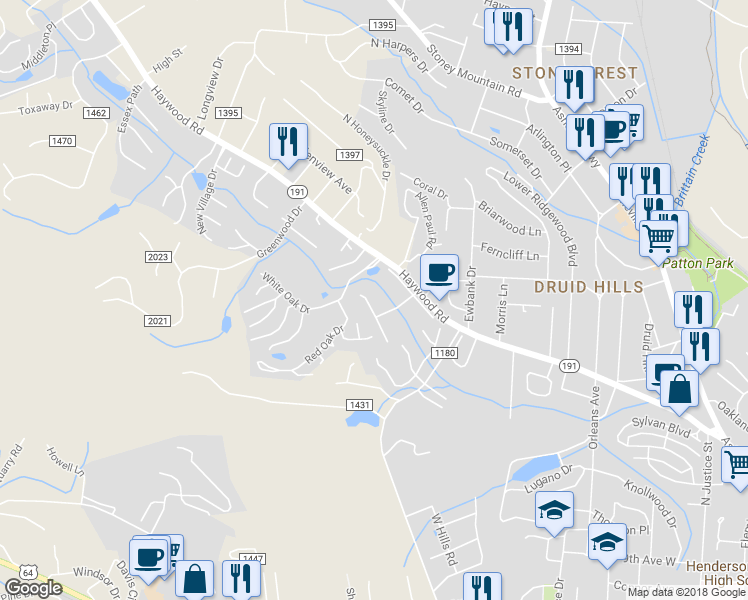 map of restaurants, bars, coffee shops, grocery stores, and more near 42 North Woodridge View Court in Hendersonville
