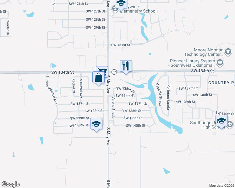 map of restaurants, bars, coffee shops, grocery stores, and more near 2817 Southwest 136th Street in Oklahoma City