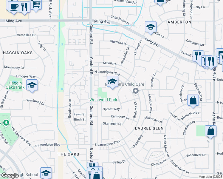 map of restaurants, bars, coffee shops, grocery stores, and more near 2601 El Portal Drive in Bakersfield