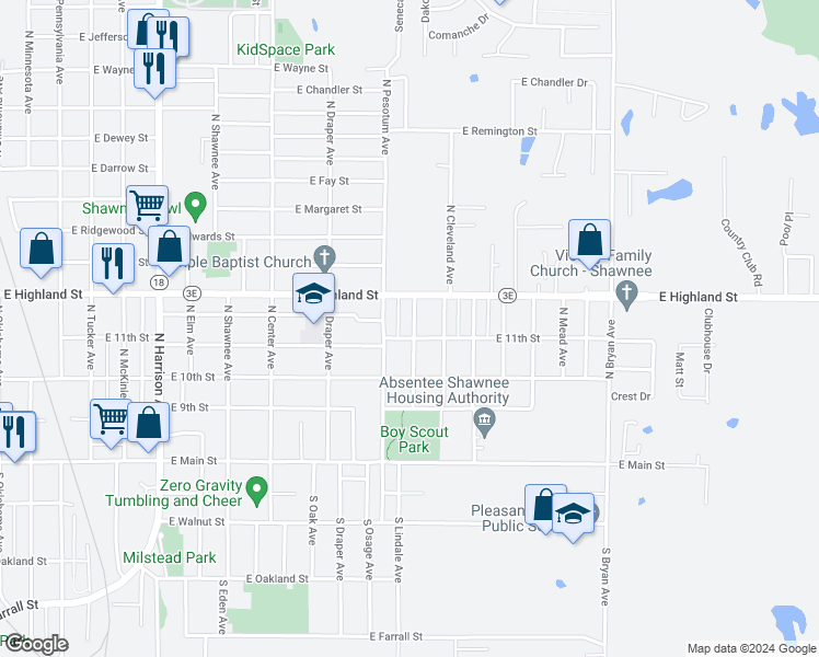 map of restaurants, bars, coffee shops, grocery stores, and more near 410 North Florence Avenue in Shawnee