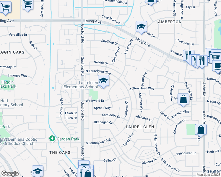 map of restaurants, bars, coffee shops, grocery stores, and more near 2601 El Portal Drive in Bakersfield