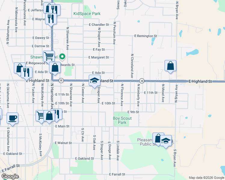 map of restaurants, bars, coffee shops, grocery stores, and more near 329 North Pesotum Avenue in Shawnee
