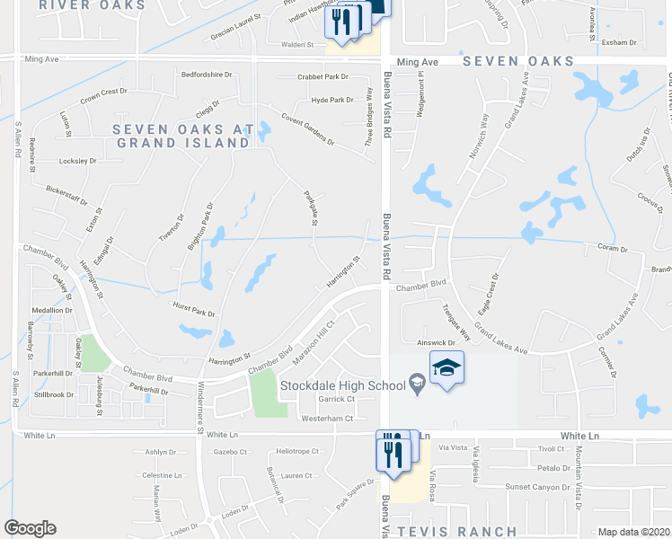 map of restaurants, bars, coffee shops, grocery stores, and more near 11418 Harrington Street in Bakersfield