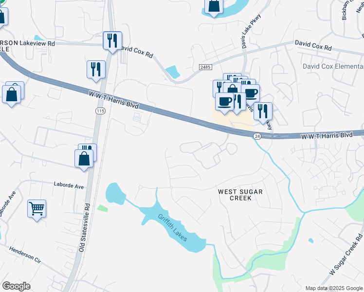 map of restaurants, bars, coffee shops, grocery stores, and more near 5114 Misty Oaks Drive in Charlotte