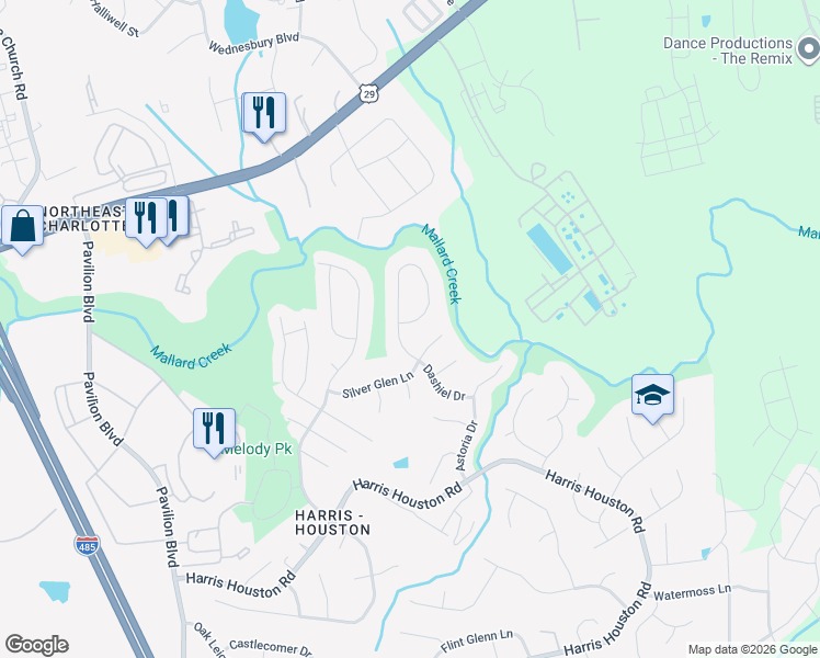 map of restaurants, bars, coffee shops, grocery stores, and more near 11301 Silver Glen Lane in Charlotte