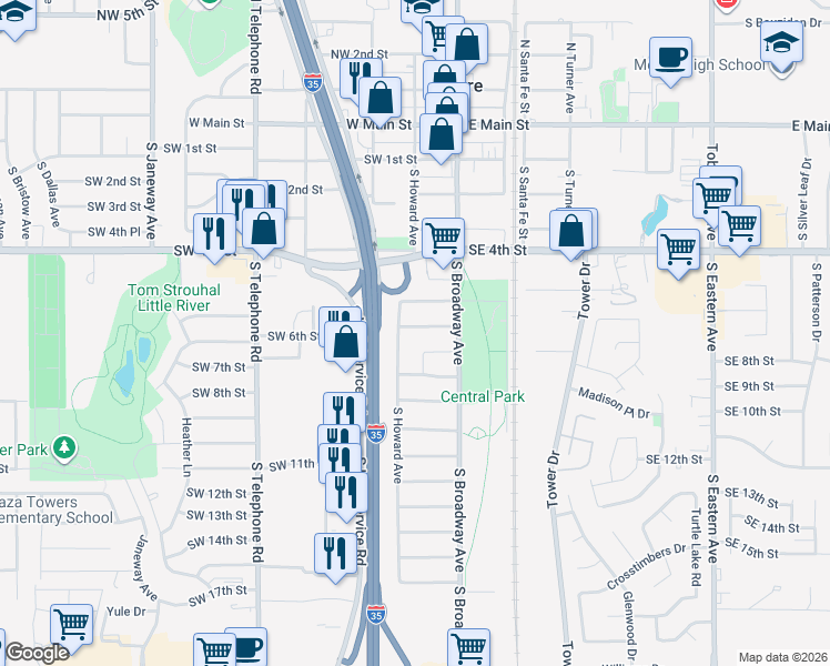 map of restaurants, bars, coffee shops, grocery stores, and more near 129 Southwest 7th Street in Moore