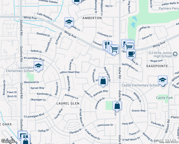 map of restaurants, bars, coffee shops, grocery stores, and more near 7003 Lacoste Lane in Bakersfield