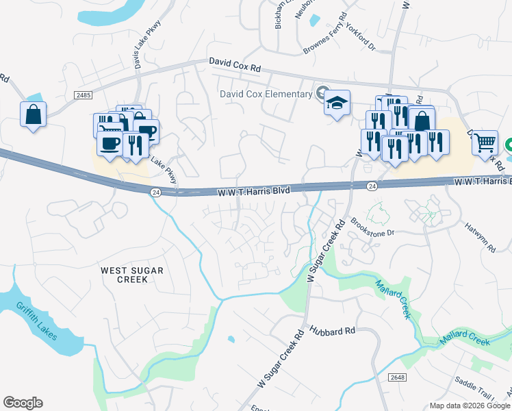 map of restaurants, bars, coffee shops, grocery stores, and more near 4467 Antelope Lane in Charlotte