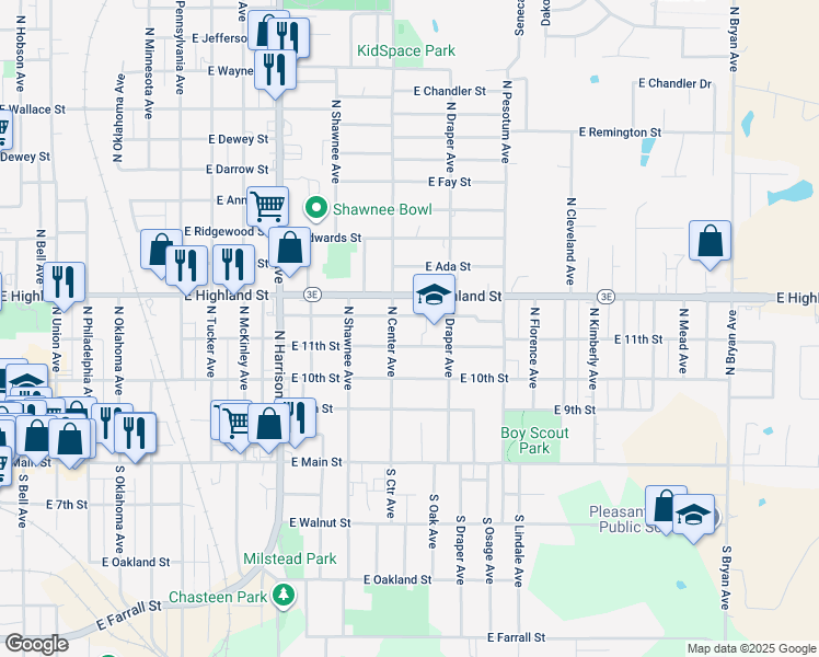 map of restaurants, bars, coffee shops, grocery stores, and more near 317 North Center Avenue in Shawnee