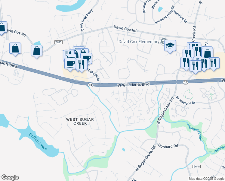 map of restaurants, bars, coffee shops, grocery stores, and more near 4580 Antelope Lane in Charlotte