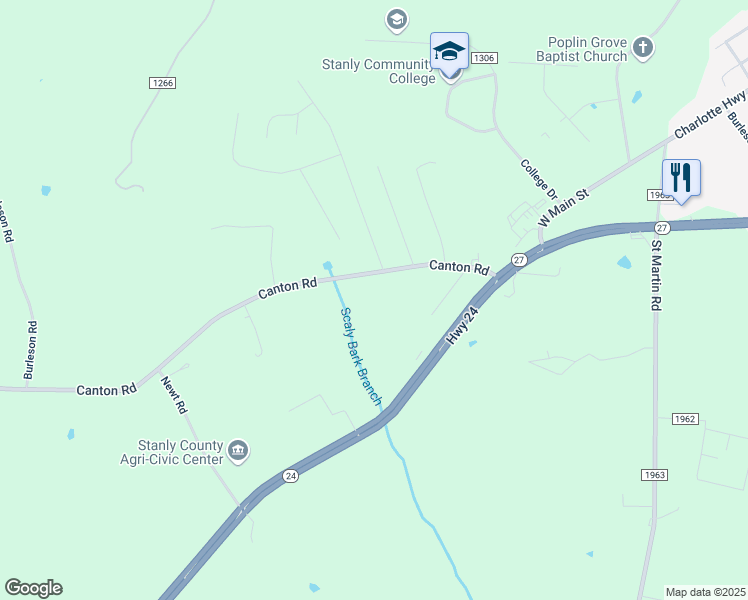 map of restaurants, bars, coffee shops, grocery stores, and more near 32034 Canton Road in Albemarle