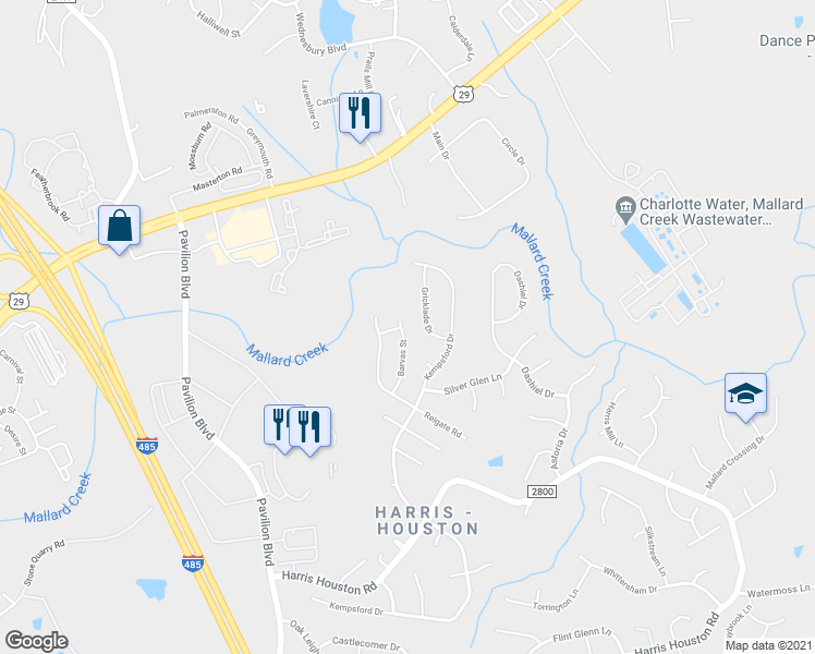 map of restaurants, bars, coffee shops, grocery stores, and more near 10521 Barvas Street in Charlotte