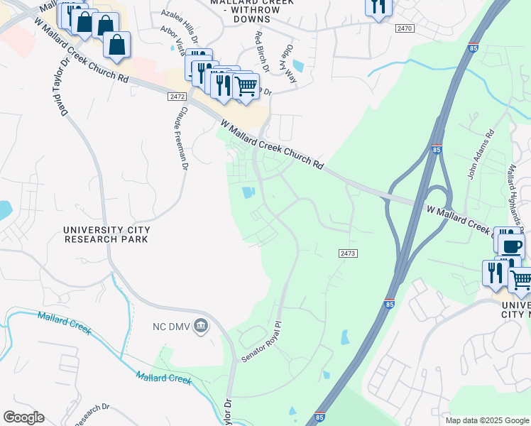 map of restaurants, bars, coffee shops, grocery stores, and more near 2116 Summertime Drive in Charlotte
