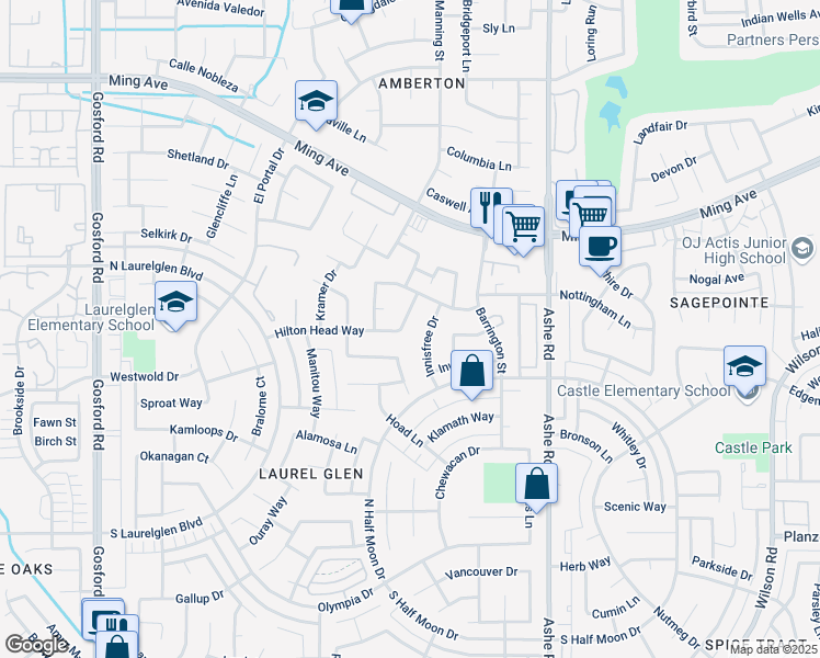 map of restaurants, bars, coffee shops, grocery stores, and more near 7003 Lacoste Lane in Bakersfield
