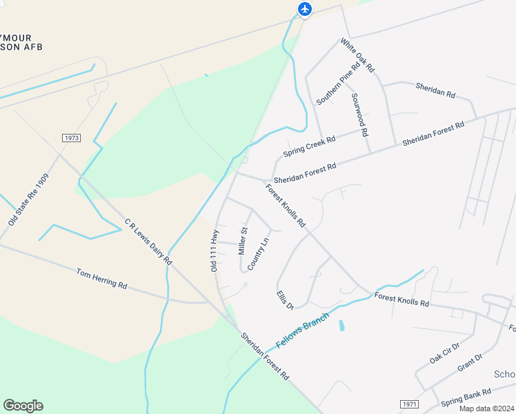 map of restaurants, bars, coffee shops, grocery stores, and more near 203 Country Acres Road in Goldsboro