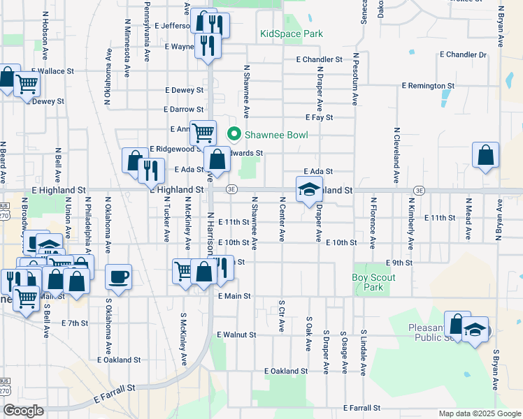 map of restaurants, bars, coffee shops, grocery stores, and more near 1105 Oklahoma 3E in Shawnee