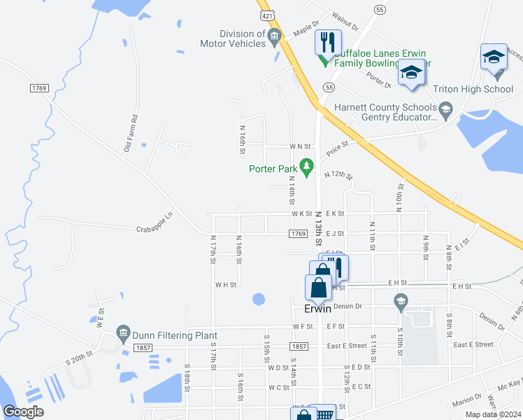 map of restaurants, bars, coffee shops, grocery stores, and more near 300 West K Street in Erwin