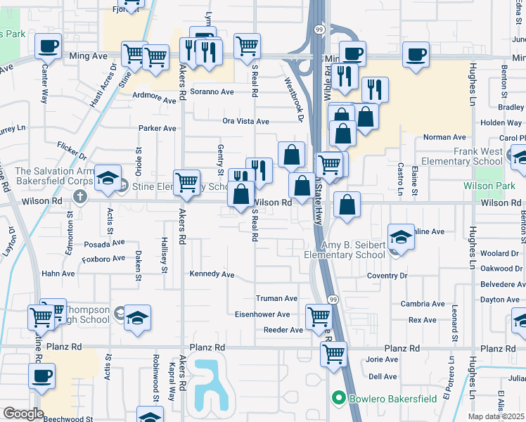 map of restaurants, bars, coffee shops, grocery stores, and more near 3620 Wilson Rd in Bakersfield