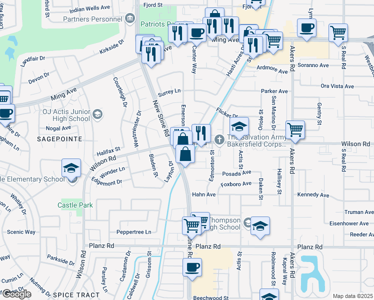 map of restaurants, bars, coffee shops, grocery stores, and more near 2436 Hasti Acres Drive in Bakersfield
