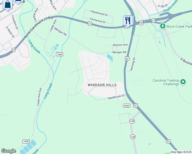 map of restaurants, bars, coffee shops, grocery stores, and more near 2104 Morgan Hills Drive in Albemarle