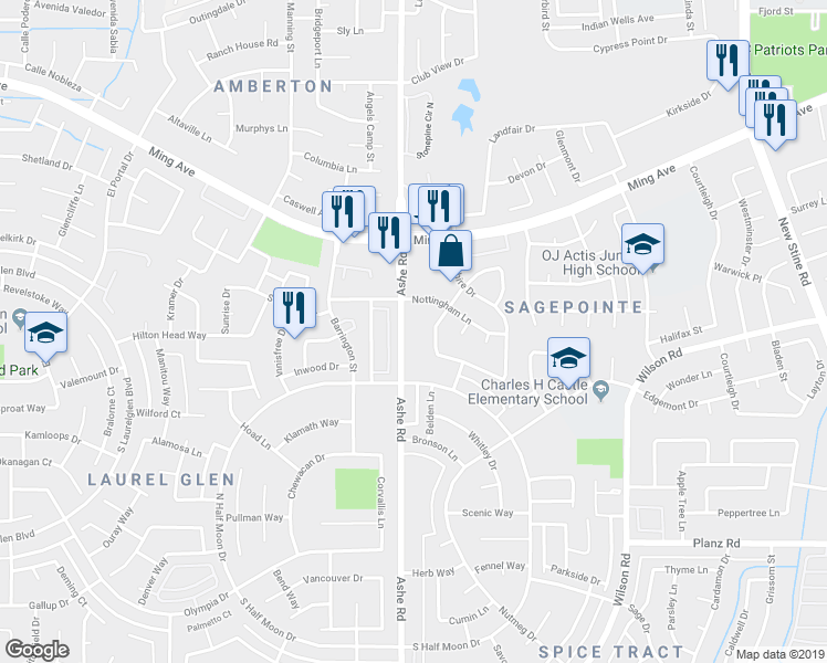 map of restaurants, bars, coffee shops, grocery stores, and more near 2601 Ashe Road in Bakersfield