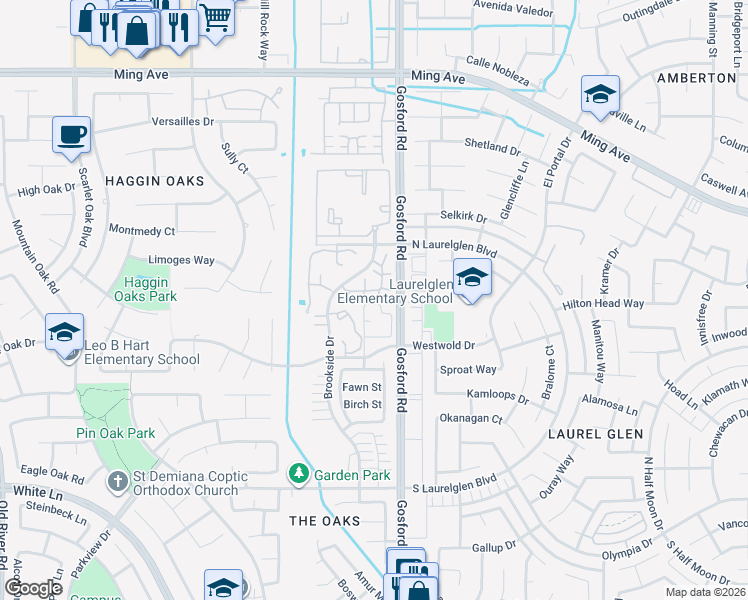 map of restaurants, bars, coffee shops, grocery stores, and more near 2600 Brookside Drive in Bakersfield