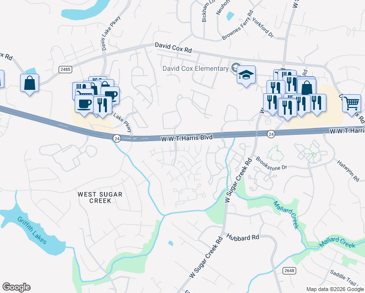 map of restaurants, bars, coffee shops, grocery stores, and more near 4480 Antelope Lane in Charlotte