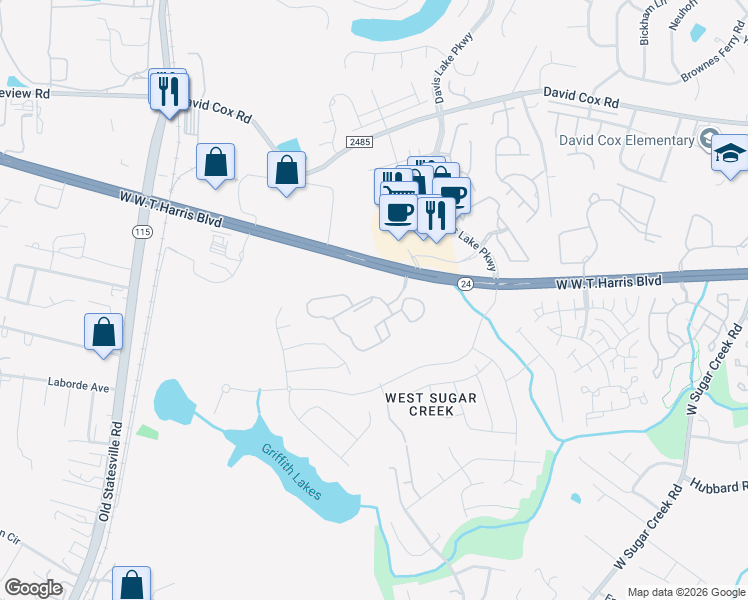 map of restaurants, bars, coffee shops, grocery stores, and more near 4823-4975 West WT Harris Boulevard in Charlotte