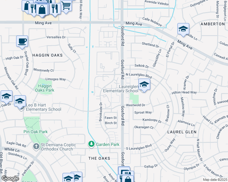 map of restaurants, bars, coffee shops, grocery stores, and more near 57 Brookside Drive in Bakersfield