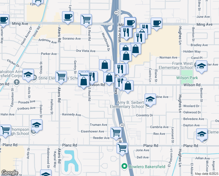 map of restaurants, bars, coffee shops, grocery stores, and more near 3400 Wilson Road in Bakersfield