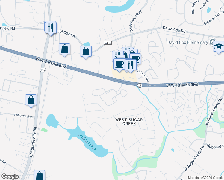 map of restaurants, bars, coffee shops, grocery stores, and more near 4823-4975 West WT Harris Boulevard in Charlotte