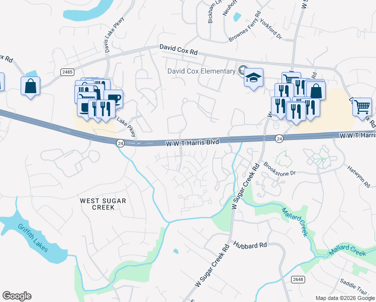 map of restaurants, bars, coffee shops, grocery stores, and more near 4480 Antelope Lane in Charlotte