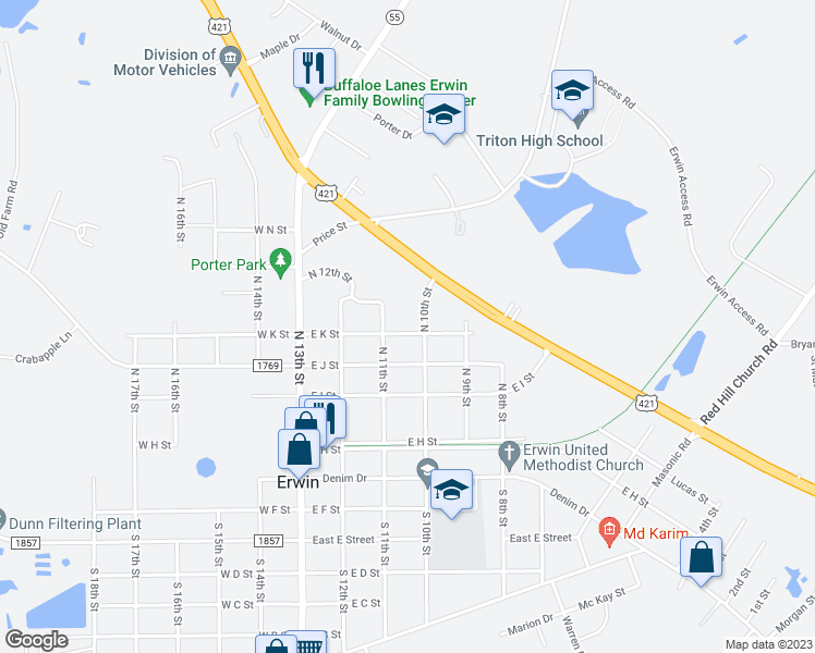 map of restaurants, bars, coffee shops, grocery stores, and more near 306 East K Street in Erwin