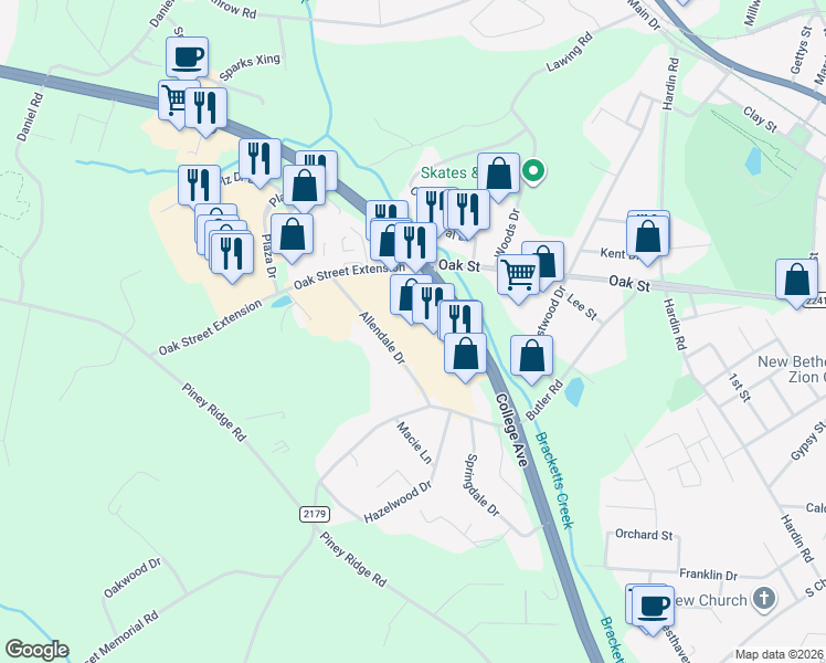 map of restaurants, bars, coffee shops, grocery stores, and more near 2270 U.S. 74 Alternate in Forest City