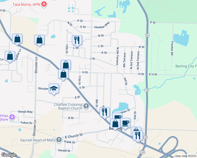 map of restaurants, bars, coffee shops, grocery stores, and more near 704 H Street in Barling