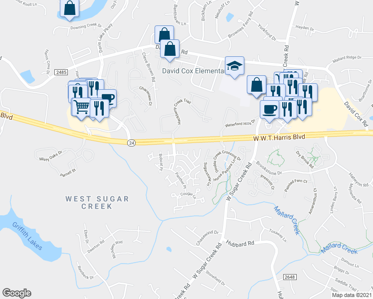 map of restaurants, bars, coffee shops, grocery stores, and more near 4480 Antelope Lane in Charlotte