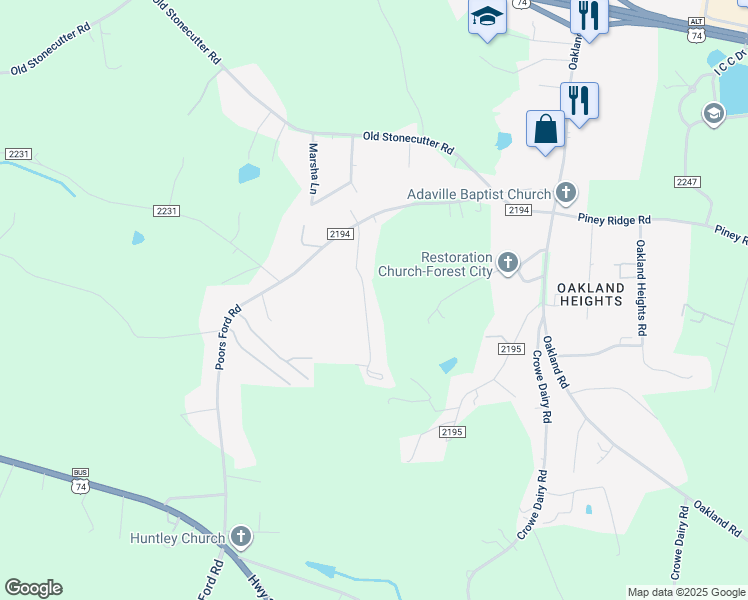 map of restaurants, bars, coffee shops, grocery stores, and more near 207 Debby Lane in Rutherfordton