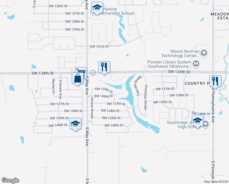map of restaurants, bars, coffee shops, grocery stores, and more near 2705 Southwest 135th Street in Oklahoma City
