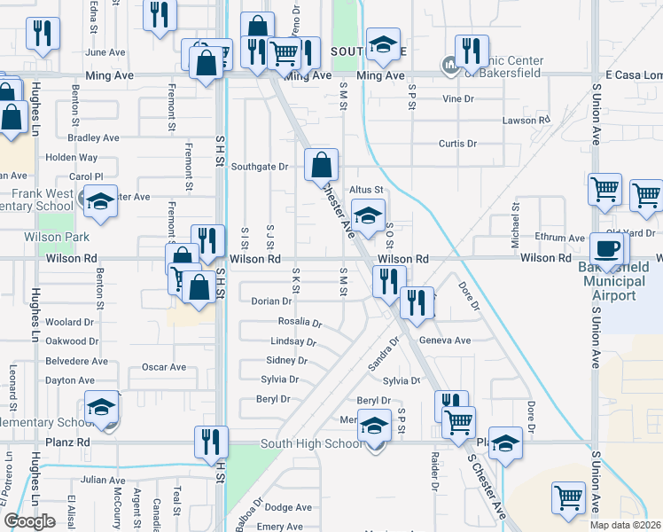 map of restaurants, bars, coffee shops, grocery stores, and more near 1209 Wilson Road in Bakersfield