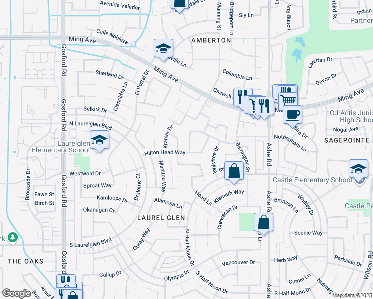 map of restaurants, bars, coffee shops, grocery stores, and more near 2504 Moffitt Way in Bakersfield