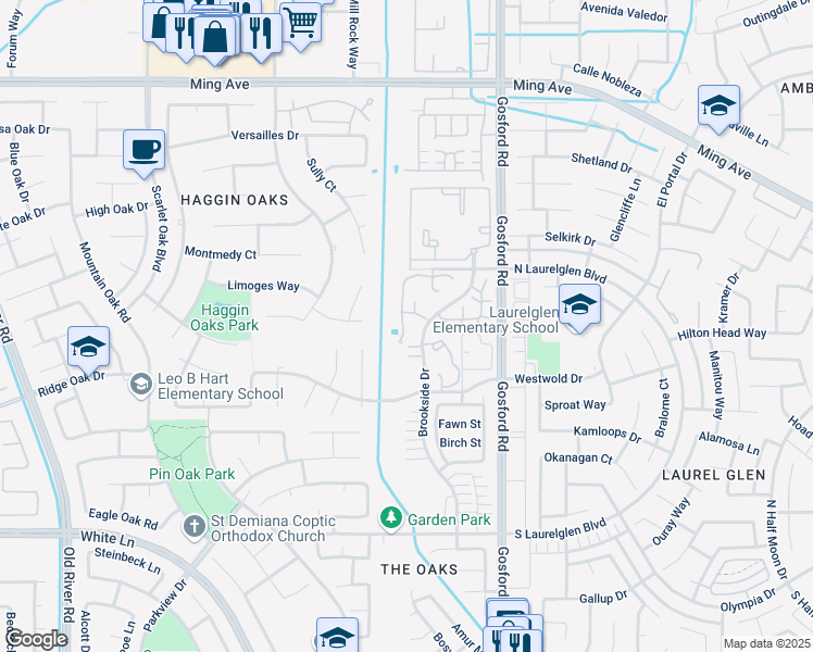 map of restaurants, bars, coffee shops, grocery stores, and more near 2605 Brookside Drive in Bakersfield