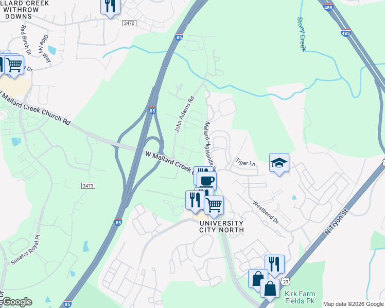map of restaurants, bars, coffee shops, grocery stores, and more near 934 West Mallard Creek Church Road in Charlotte