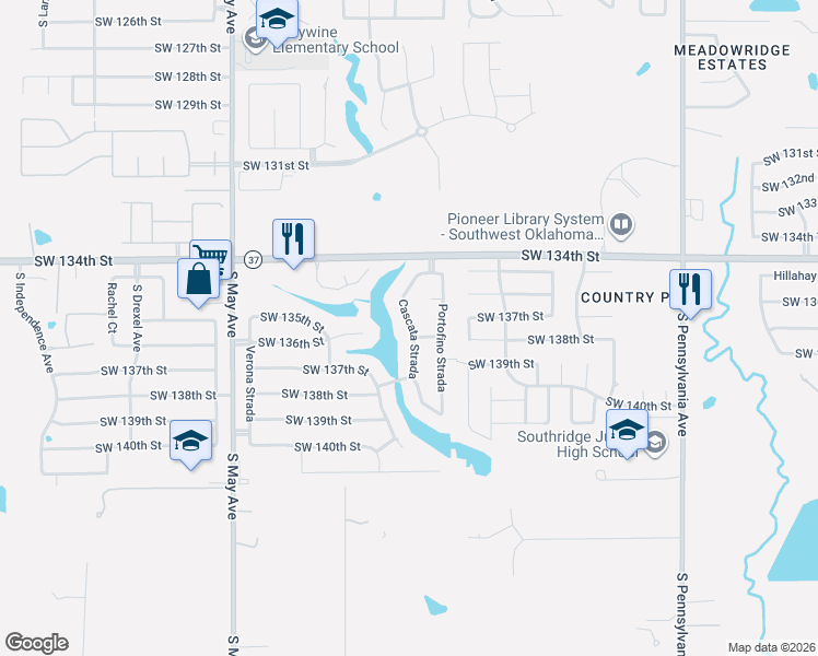 map of restaurants, bars, coffee shops, grocery stores, and more near 13604 Cascata Strada in Oklahoma City