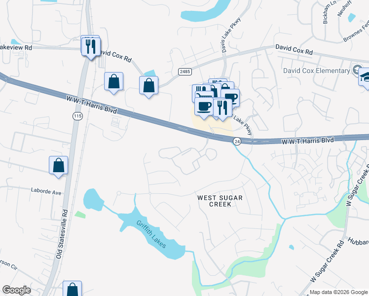 map of restaurants, bars, coffee shops, grocery stores, and more near 5002 Misty Oaks Drive in Charlotte