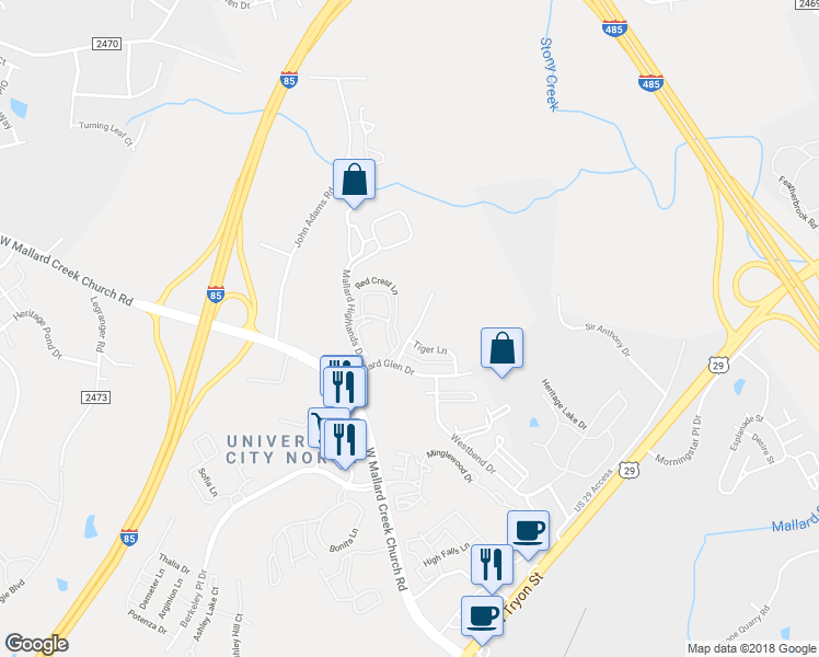 map of restaurants, bars, coffee shops, grocery stores, and more near 10217 Garrett Grigg Road in Charlotte