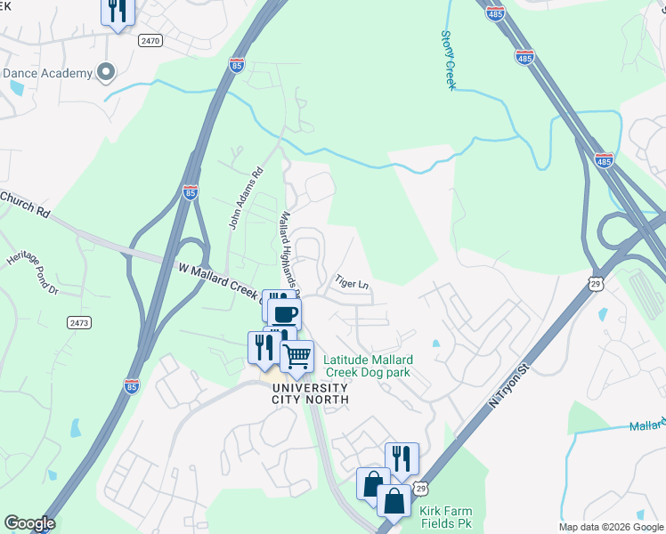 map of restaurants, bars, coffee shops, grocery stores, and more near 10259 Garrett Grigg Road in Charlotte