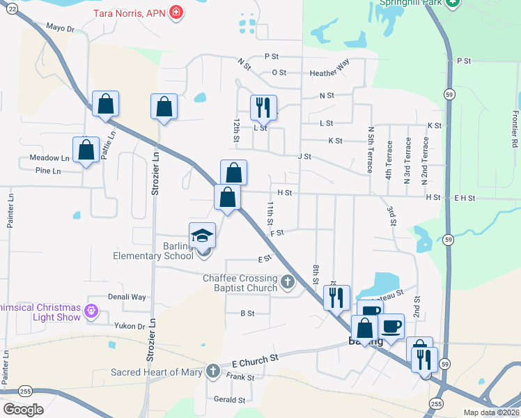 map of restaurants, bars, coffee shops, grocery stores, and more near 1109 H Street in Barling